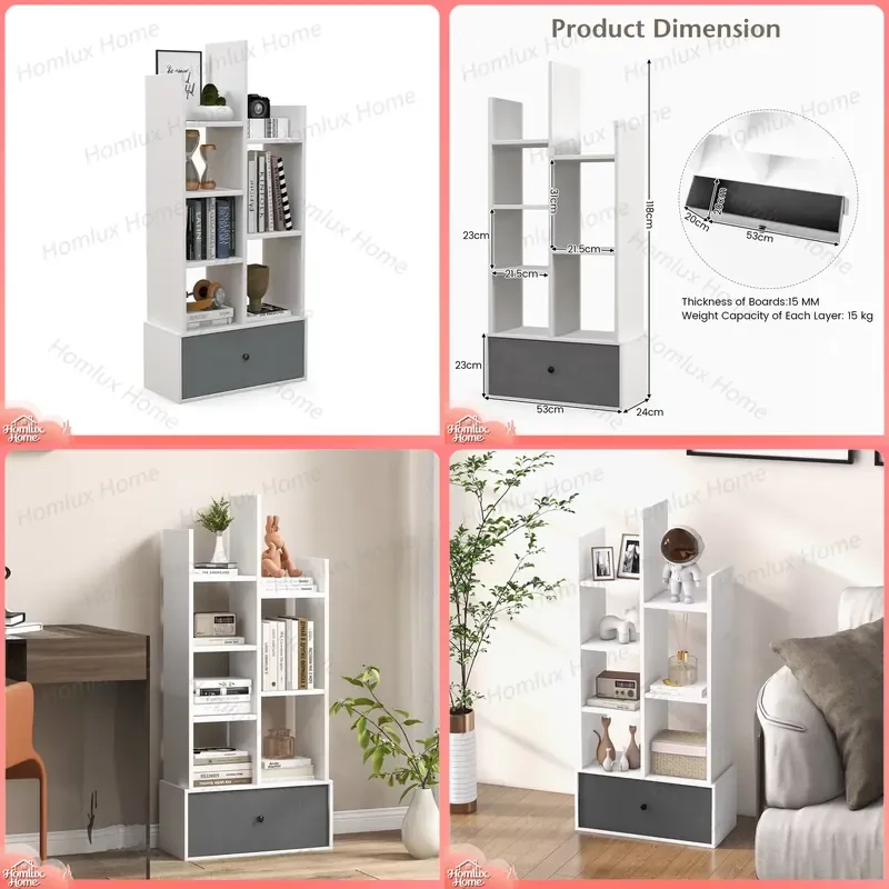 Tree Shaped Bookcase with Drawer Free Standing Bookshelf 7 Open Storage Shelves Modern Living Room Bedroom Bookshelf