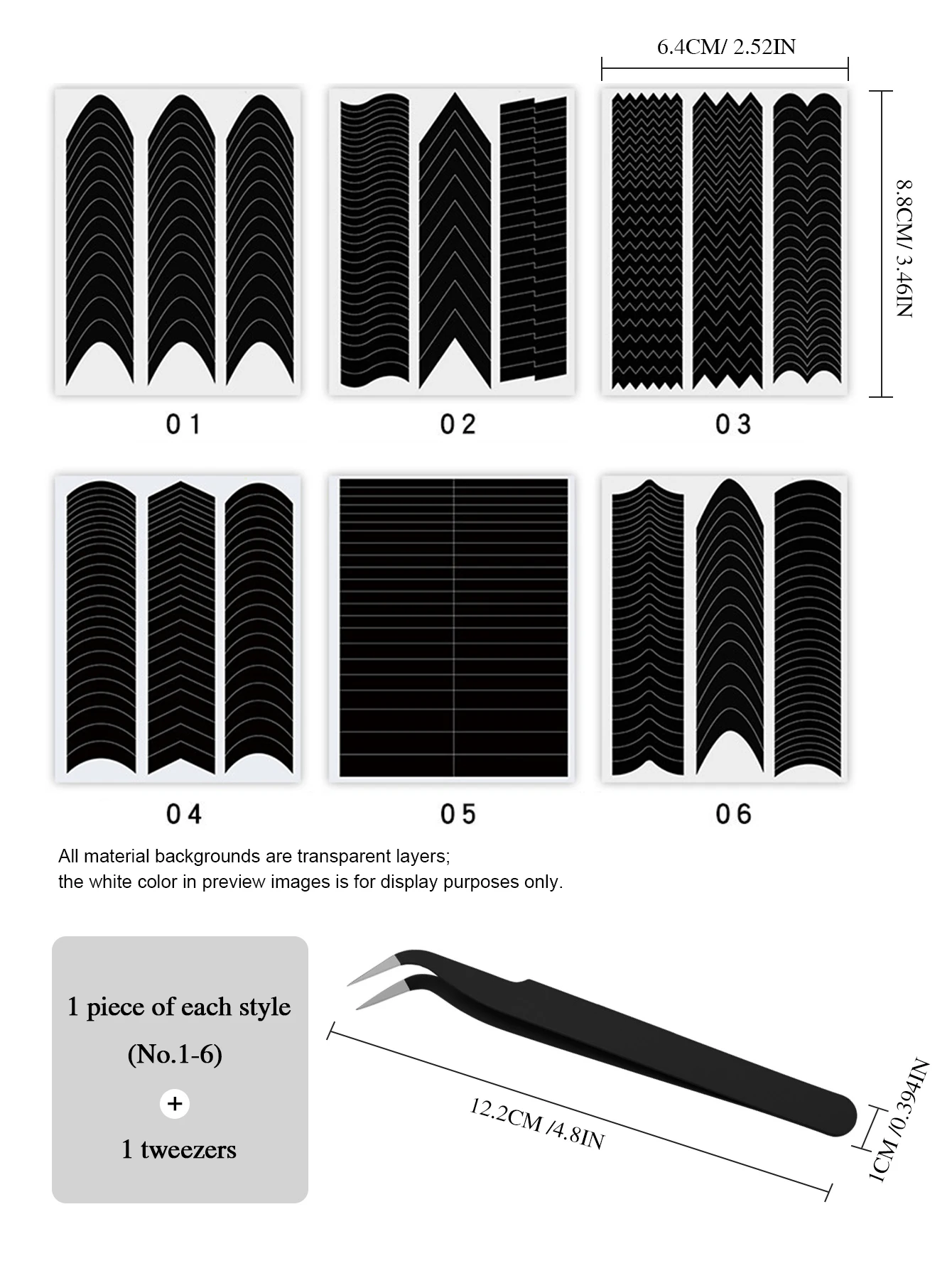 1 Zestaw 6 Naklejek + 1 Para Pęset, Naklejka na Paznokcie Półksiężyc Kształt V Klasyczny Linia Łuk Szablon Pomocniczy Narzędzie do Druku