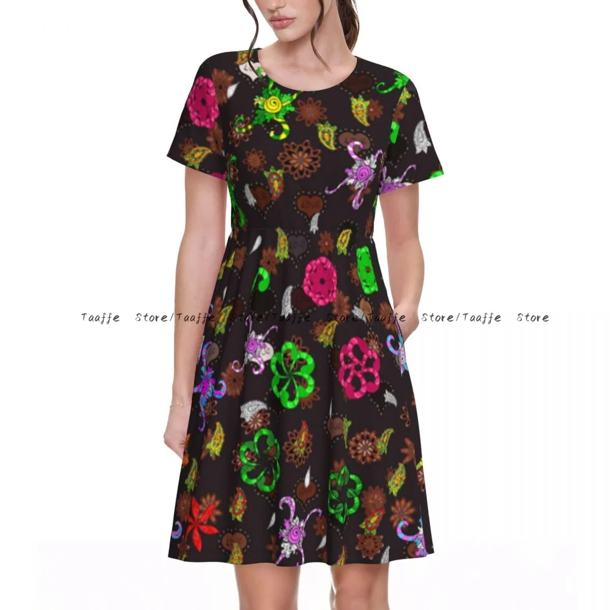 Summer Women's Short Sleeve Waist Dress Women Abstract Cute Background Round Neck Casual Dress