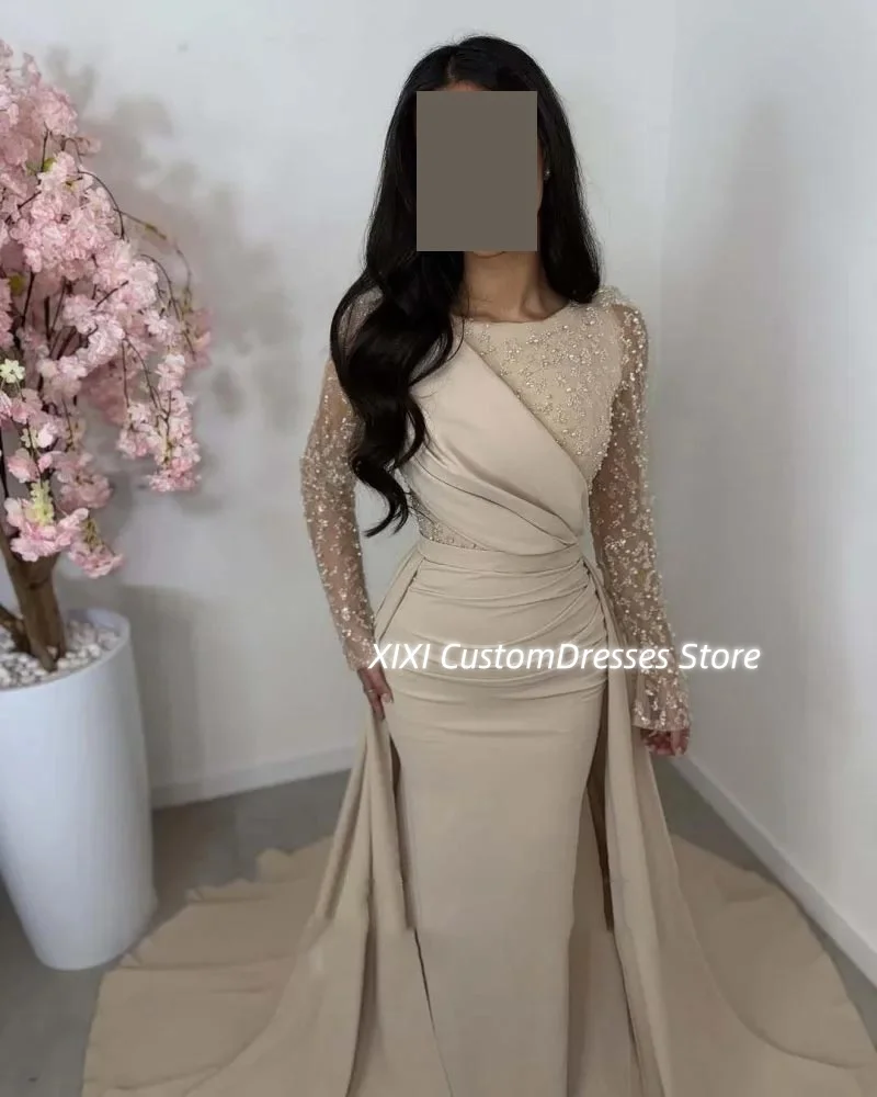 Prom Dresses A-Line Split Scoop Neckline Customize Floor-Length Ruffle Elegant And Pretty Women'S Dresses Zipper Up Long Sleeves