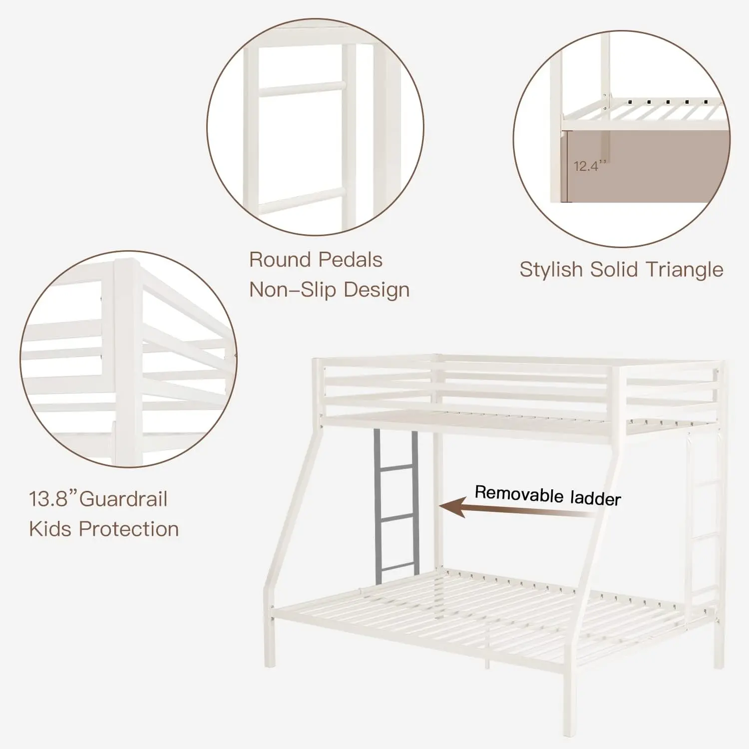 Etagen bett aus Metall, Doppelbett mit stabilem Geländer und abnehmbarer Leiter, platzsparend/geräuschlos/matt weiß