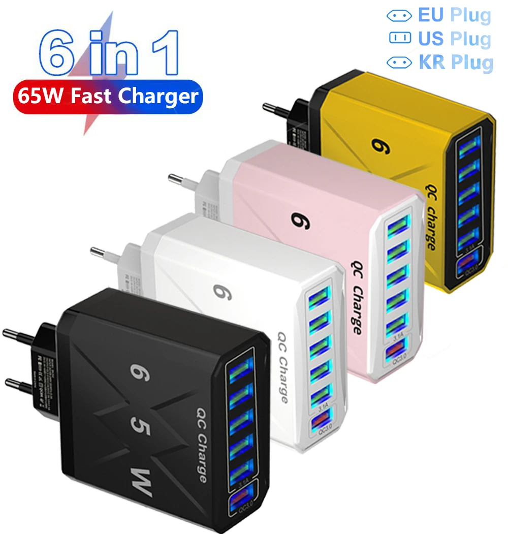 65W 6 Ports USB Charger Fast Charging QC 3.0 Travel Charger 6 in 1 For iPhone Samsung Xiaomi Phone Tablet Adapter EU KR US Plug