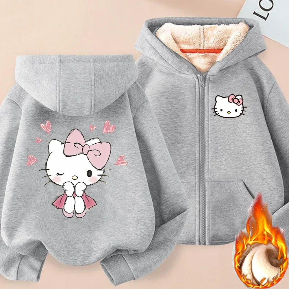 Hello Kitty Zipper Hoodie Sweatshirt Girl Winter Keep Warm Jacket Women Oversized Thick Kawaii Streetwear Casual Hoody Coat Tops