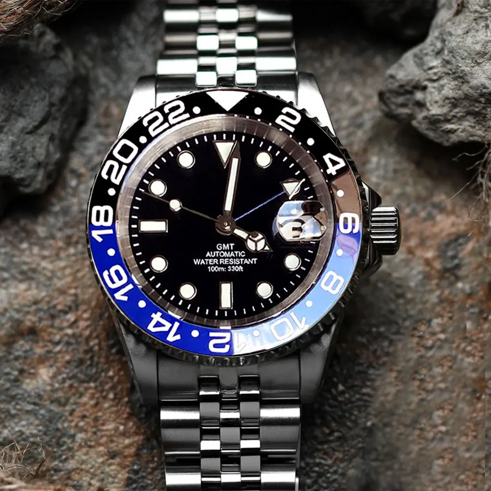 GMT Diver Watch for Men NH34A Movement Automatic Watches Mechanical Swim Luminous Jubilee Strap Slide Buckle 200m Waterproof image 6