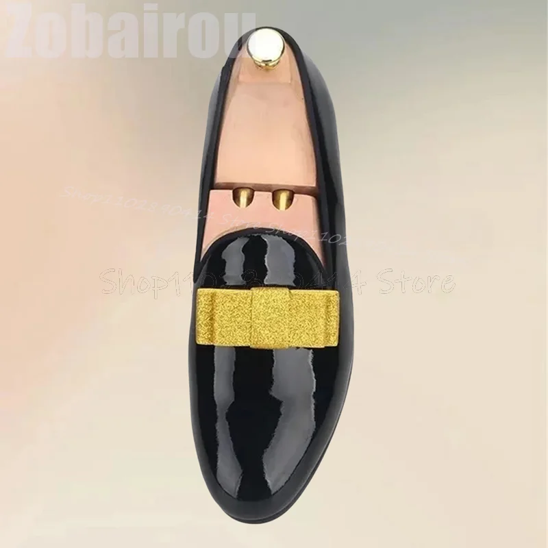 

Yellow Bow Knot Black Patent Leather Men Loafers Fashion Slip On Men Shoes Luxury Handmade Party Banquet Wedding Men Dress Shoes