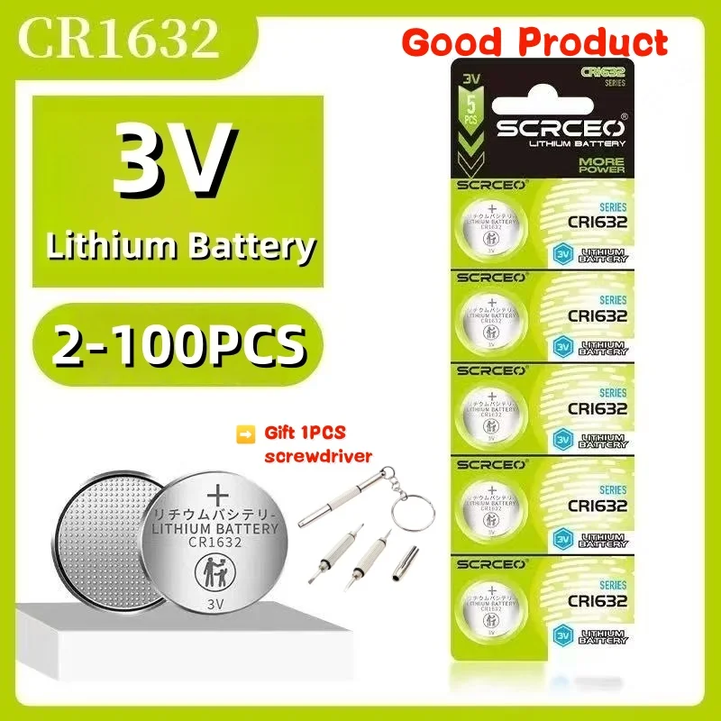 

2-100PCS CR1632 3V Lithium Coin Cell,DL1632/BR1632 Compatible for Car Remote Control,Watch,Toy,Key Fob,Long Lasting Button Cells