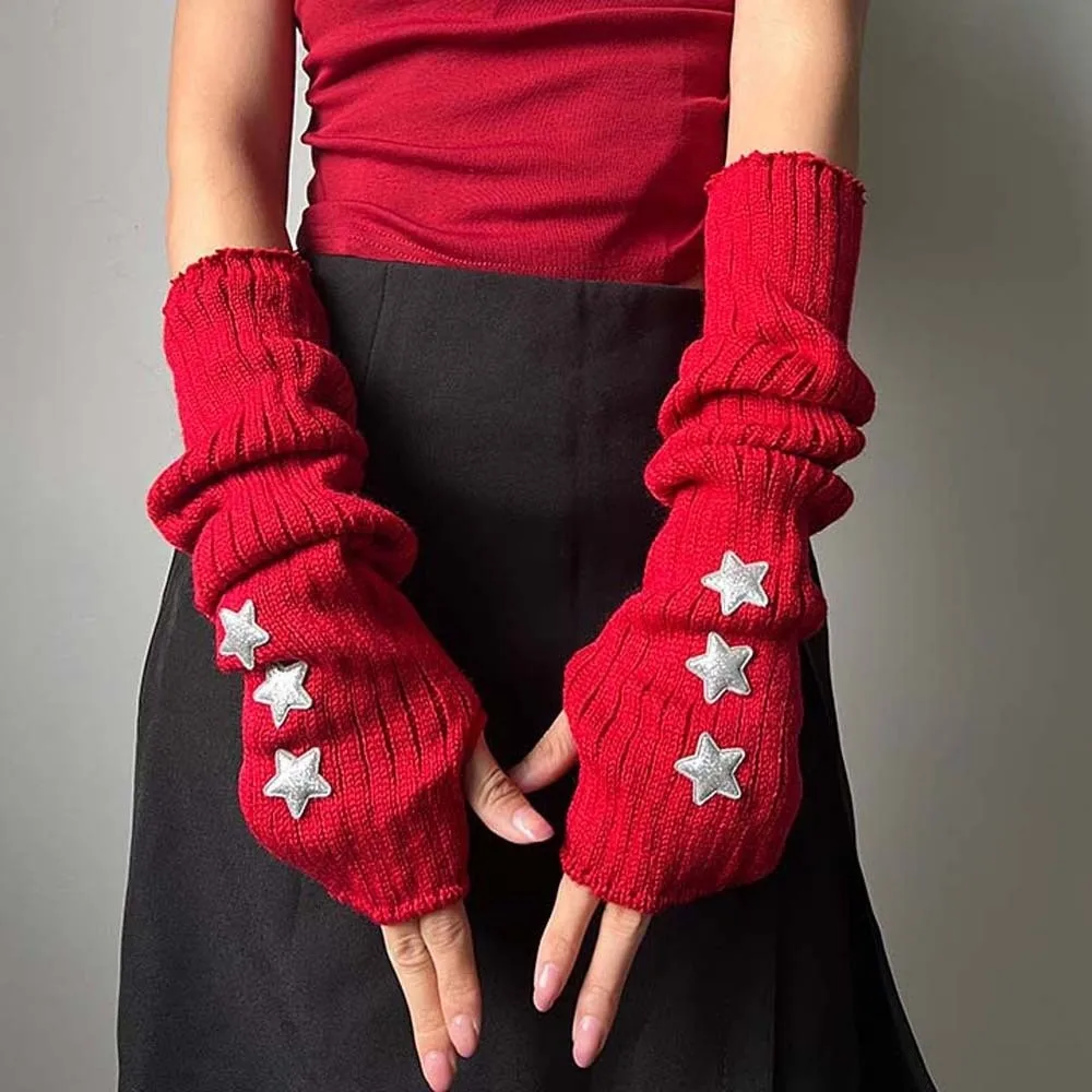 Elastic Knitted Fingerless Sleeves Solid Color Long Y2K Star Arm Cover Hip-hop Breathable Warmer Long Cuff Women