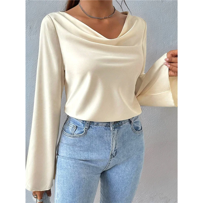 AOAO-chemises à col bénitier pour femmes, vêtements d'enseignant à manches longues, bureau, affaires, chemisier décontracté habillé