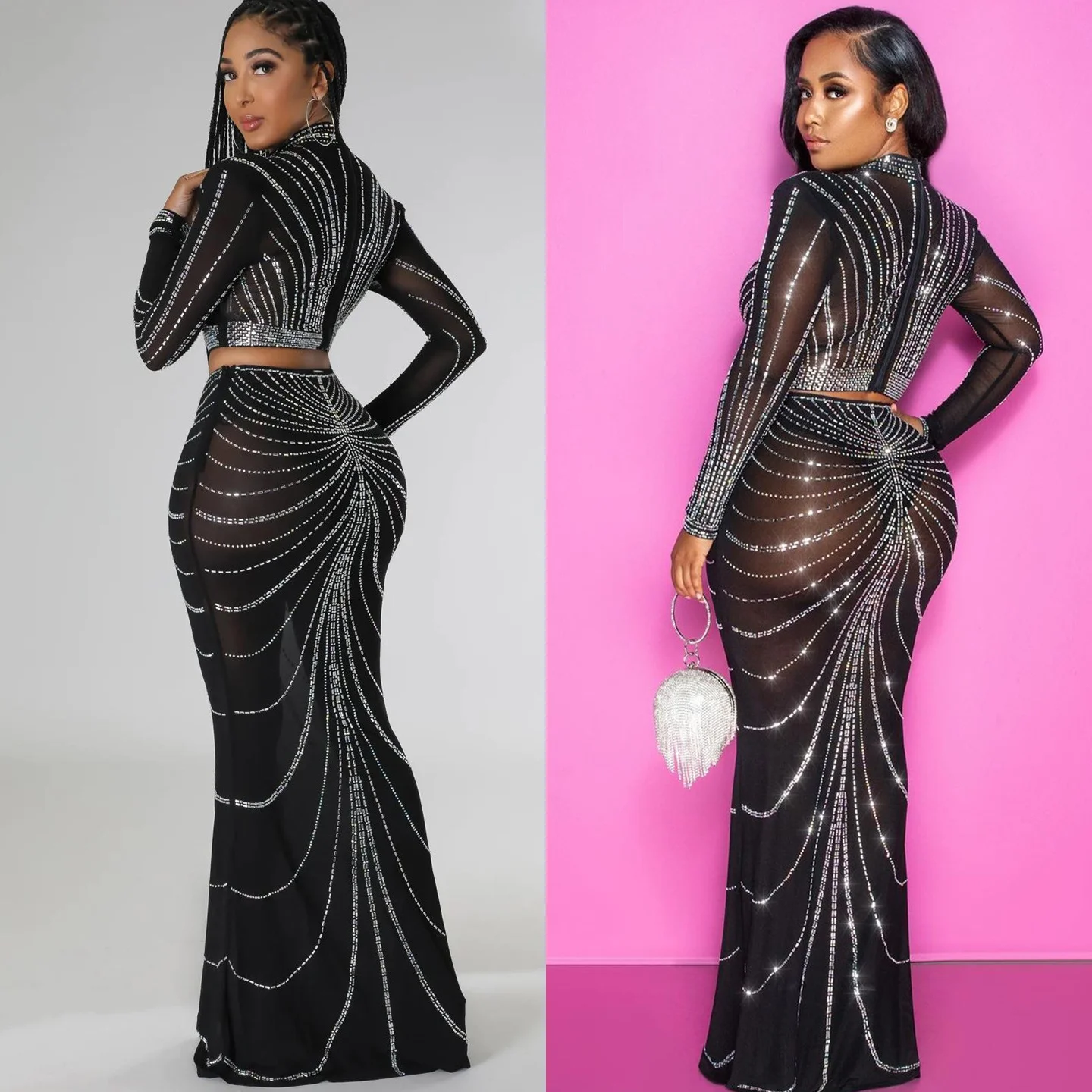 

Sexy Long Sleeve Mesh Diamond Glitter Two Piece Set Women's Autumn Winter New Arrival Fashionable Commute Casual Sportswear