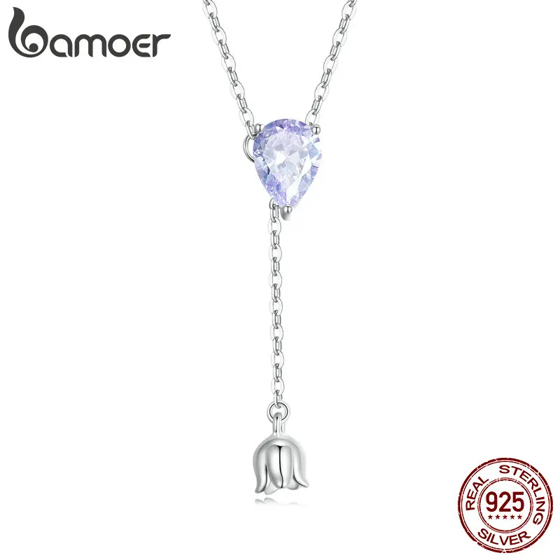 Bamoer 925 Sterling Silver Purple Zircon Lily of the Valley Pendant Necklace Elegent Neck Chain for Women Fine Jewelry BSN271