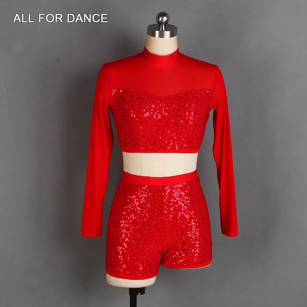 20508 طويلة الأكمام الأبيض الترتر دنة صد أداء زي الباليه تنورة رقص فستان غنائي ومعاصر 5 ألوان