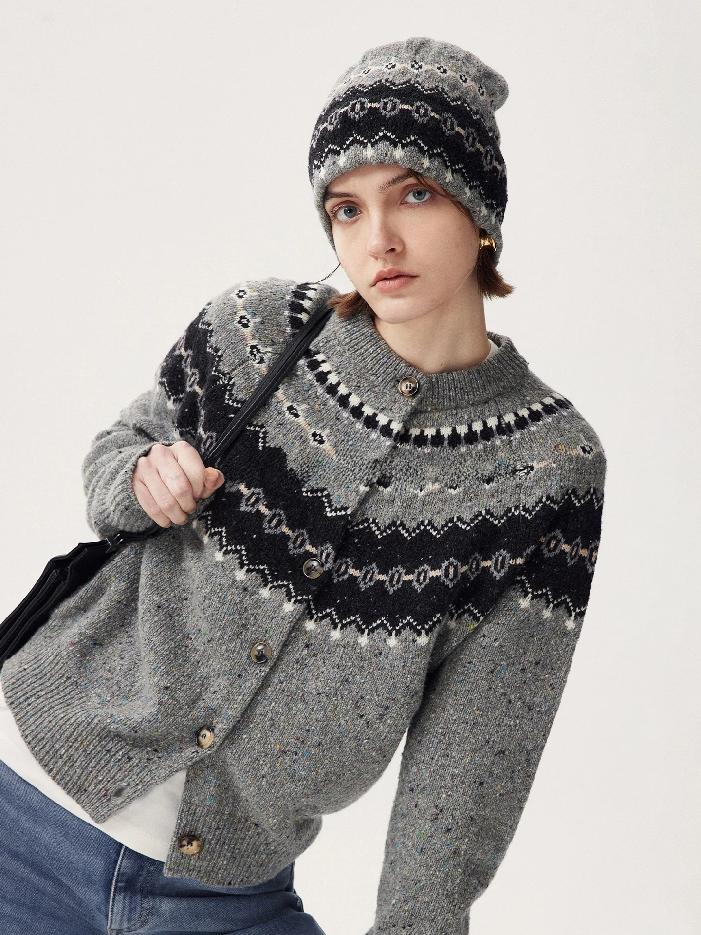 

Eco-Friendly Woolen Fair Isle Knitted Cardigan Warm Hat Dornegol Color Dot Italy Environmental Protection Women's Knitted Swe...