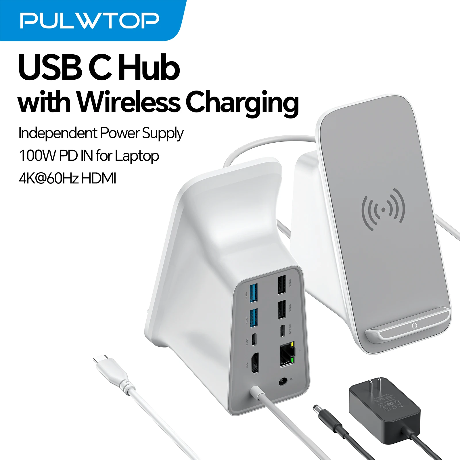 

Док-станция PULWTOP 8-в-1 UAB C, беспроводная зарядная панель макс. 10 Вт, дисплей HDMI 4K при 60 Гц, 5 портов USB PD100W RJ45, 36 Вт постоянного тока