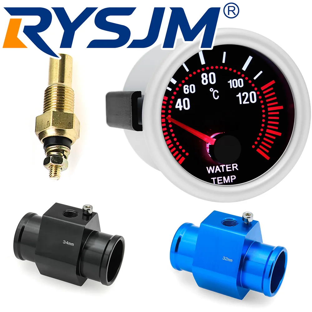 40-120℃ Water Temperature Gauge Smoke Lens 52MM Water Temp Meter+Temp Joint Pipe Sensor 26-40mm Hose Adapter for Petrol Car 12V