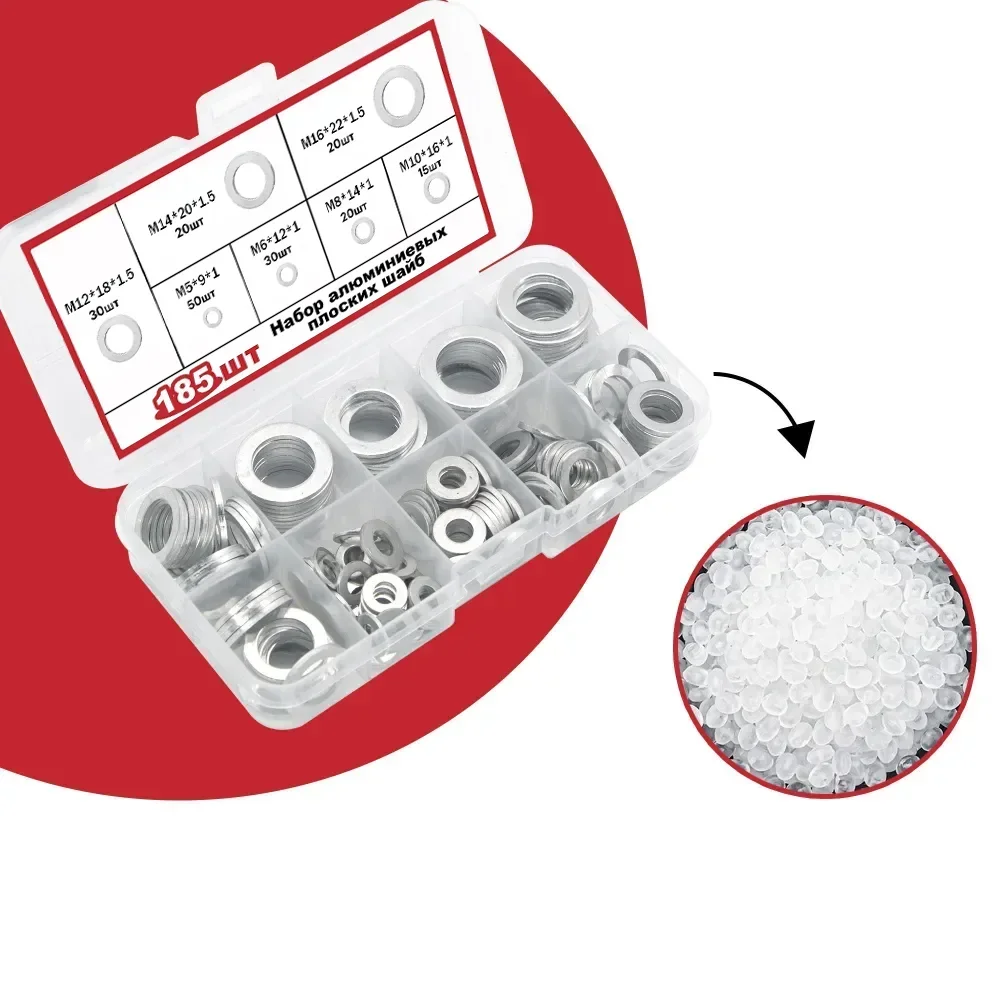 ชุดแหวนรองอะลูมิเนียมแบบแบน 185 ชิ้น ขนาด M5 M6 M8 M10 M12 M14 M16 สำหรับงานประปา ซ่อมรถยนต์ และบำรุงรักษาเครื่องจักร