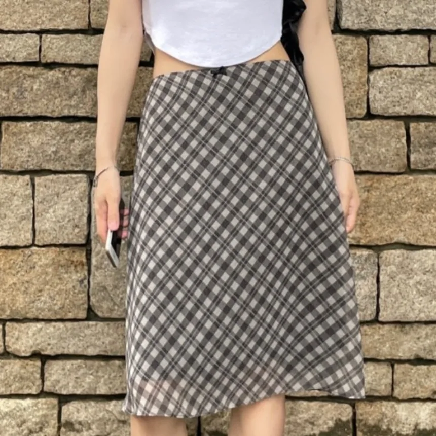 Fashionable Plaid  Skirt Women's Spring New Style Versatile Retro Wrap around Skirt Korean Style Mid-Length A-Line Skirt