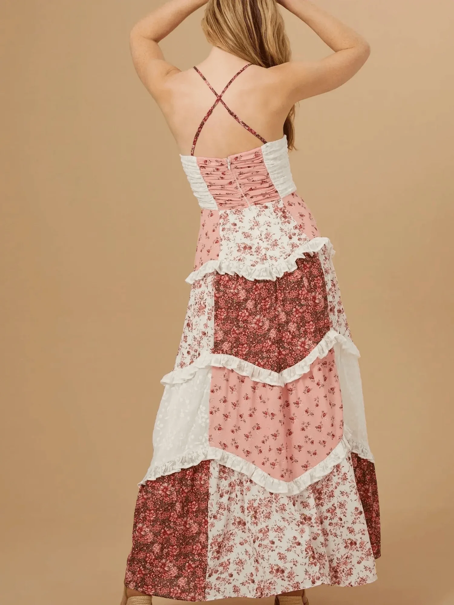

Boho Floral Maxi Dress Women Spaghetti Strap Ruffle Patchwork Flowy Long Sundress Summer Beach Vacation
