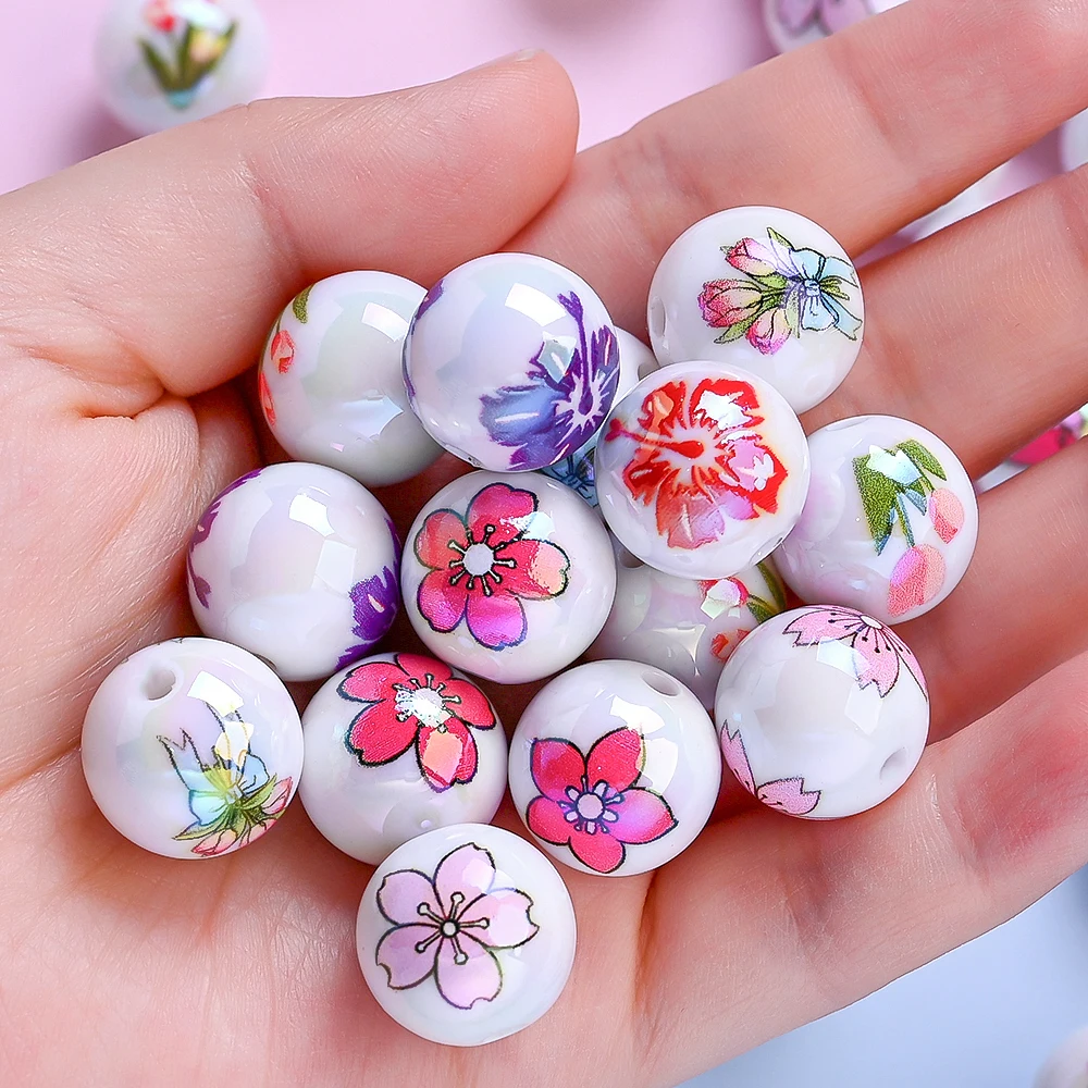 10 Stück 16mm Aurora UV-beschichtete Acryl-Blumenperlen, bunte Blumenmuster-Abstandsperlen für DIY-Bastelarbeiten und Schmuckherstellung – Detail 4
