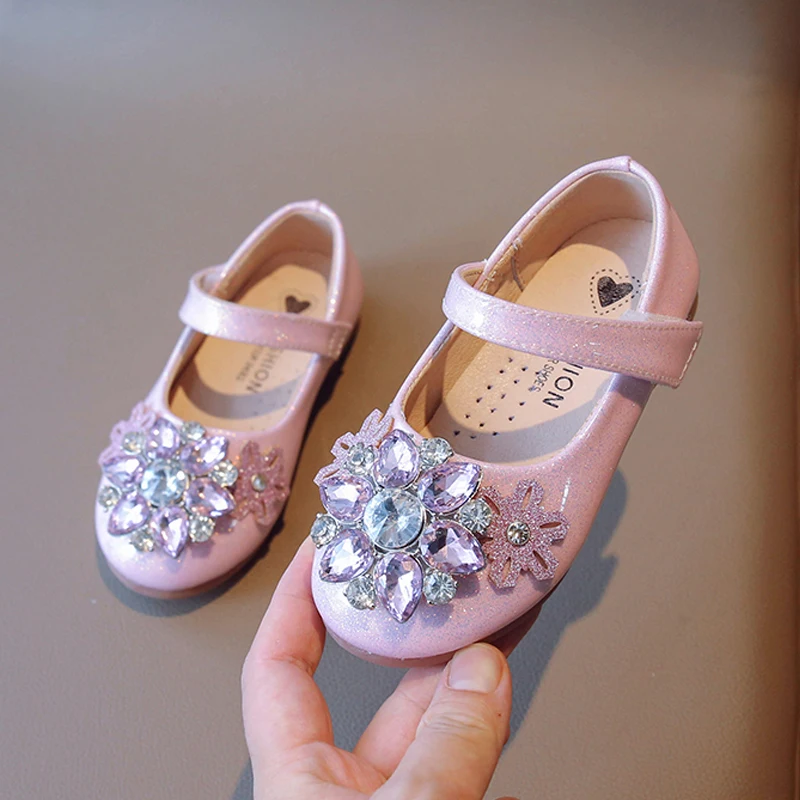 Crystal Snowflakes Shoes Girls Fancy Ice Blue strass Buckle ballerine Baby Kids Glitter perly-lustre Mary Jane Zapatos