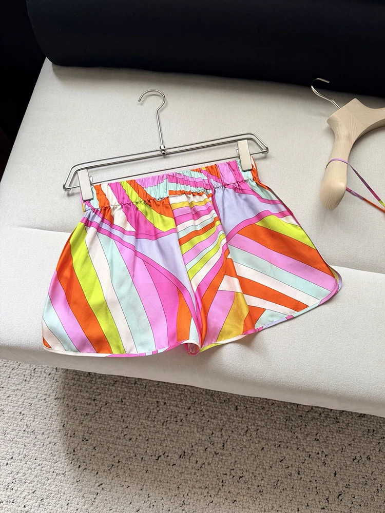 Summer Fashion Outdoors Resort Vintage Pattern Print Silk Shorts Women's Casual Elastic Waist Slim Pockets Straight Barrel Pants