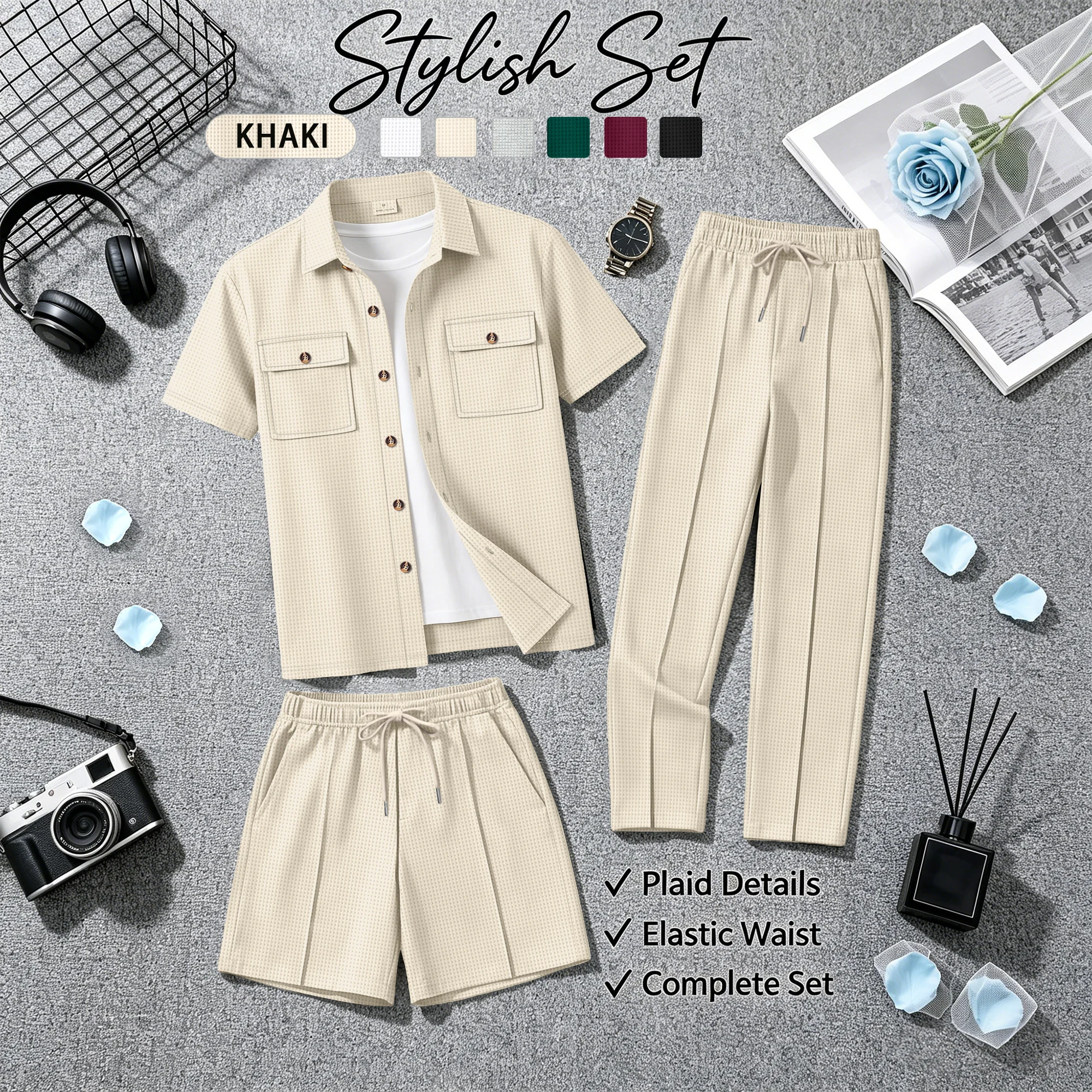 Men's Versatile Waffle 3 Piece Outfit Set Breathable Button Up Shirt With Matching Shorts And Pants For Office, Vacation And Dai