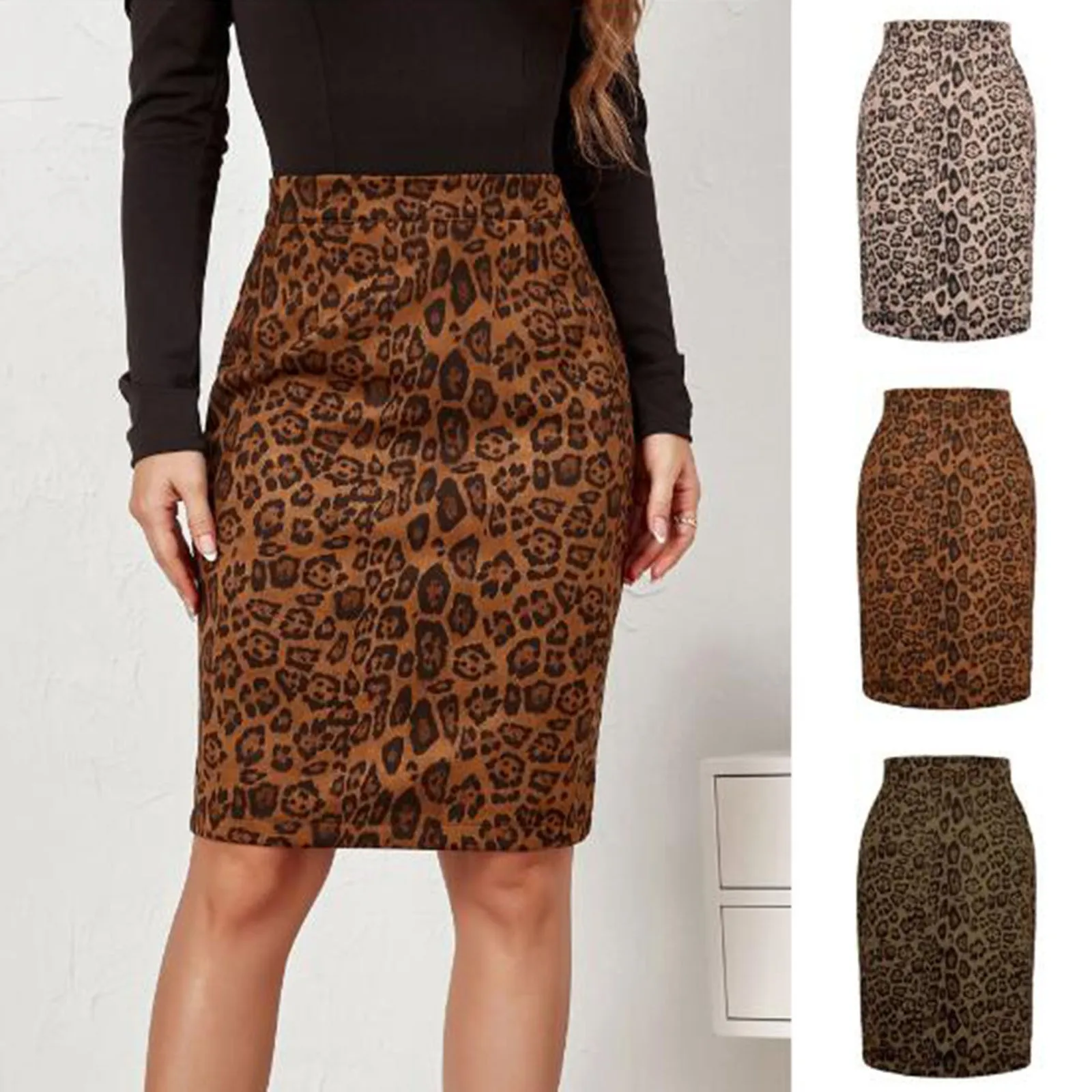 

Women Skirts Sexy Suede Midi Pencil Skirt Leopard Print 2024 Autumn Winter Fashion Streetwear Elastic High Waist Bodycon Skirts