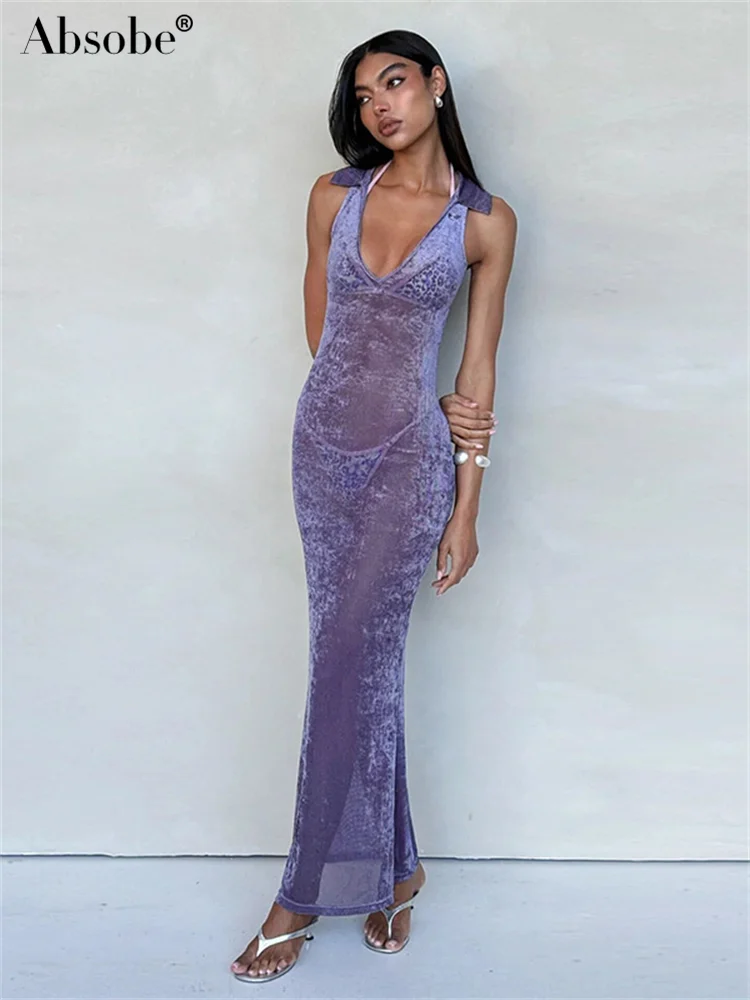 

Absobe Lapel Sheer Mesh Tank Long Dress Women Purple Deep V-neck 2024 Autumn Famale Fashion Slim Maxi Dresses Vacation Partywear