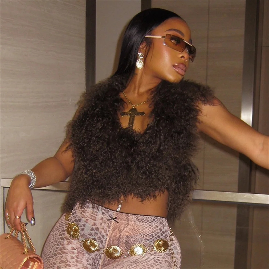 

New Fluffy Real Fur Halter Cropped Top For Women 2025 Sexy Backless Sleeveless Tank Vest Female Chic Street Club Party Chic Tops