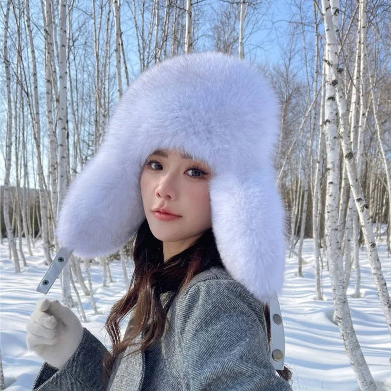 

Winter warm real fox fur ear-protecting hats Women's genuine leather windproof warm fox fur bomber hat thickened sheepskin cap