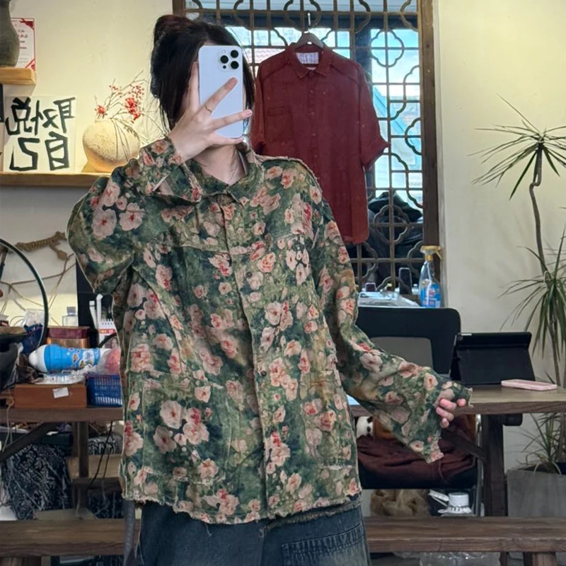 قمصان عصرية للخريف الكوري من Mass Wass للسيدات مطبوعة فضفاضة بتصميم عتيق بلوزات كلاسيكية كاجوال بأكمام طويلة مزهّرة