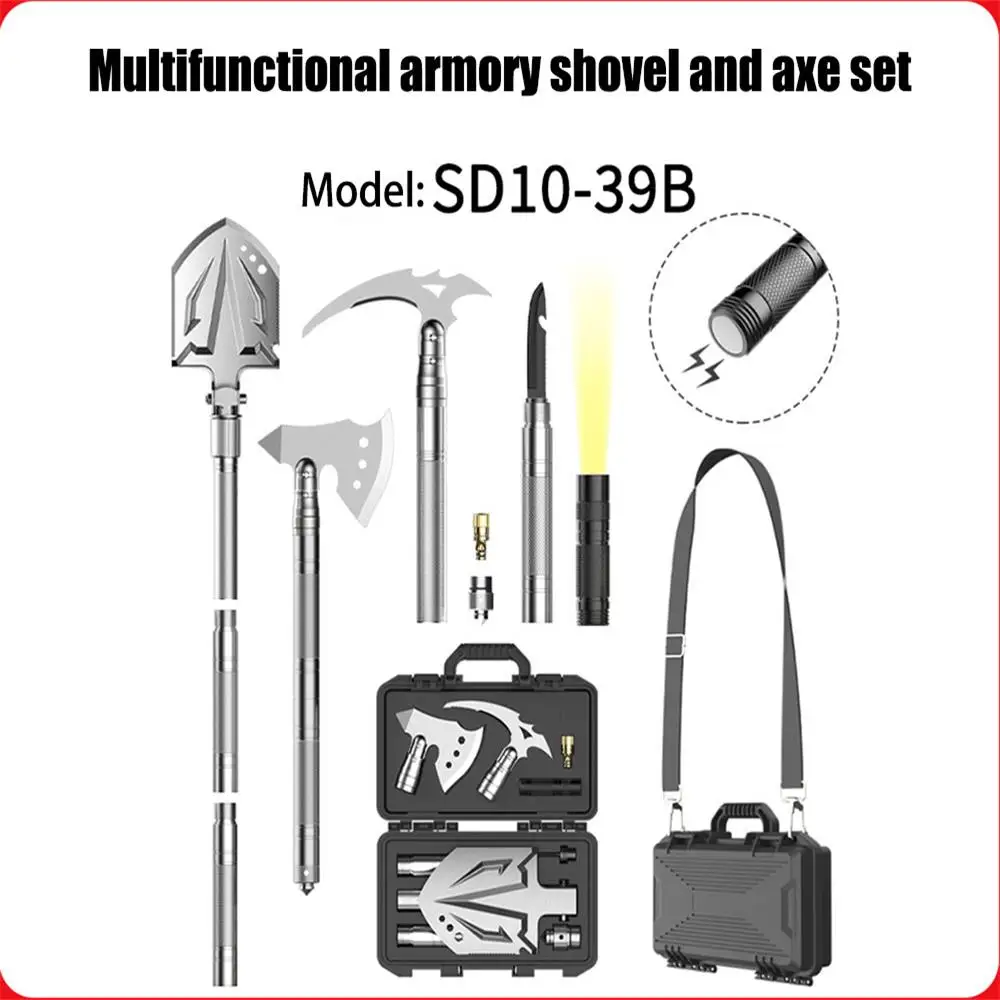 Outdoor multifunctional armory shovel set vehicle mounted folding camping tools with flashlight tactical axe multipurpose pick