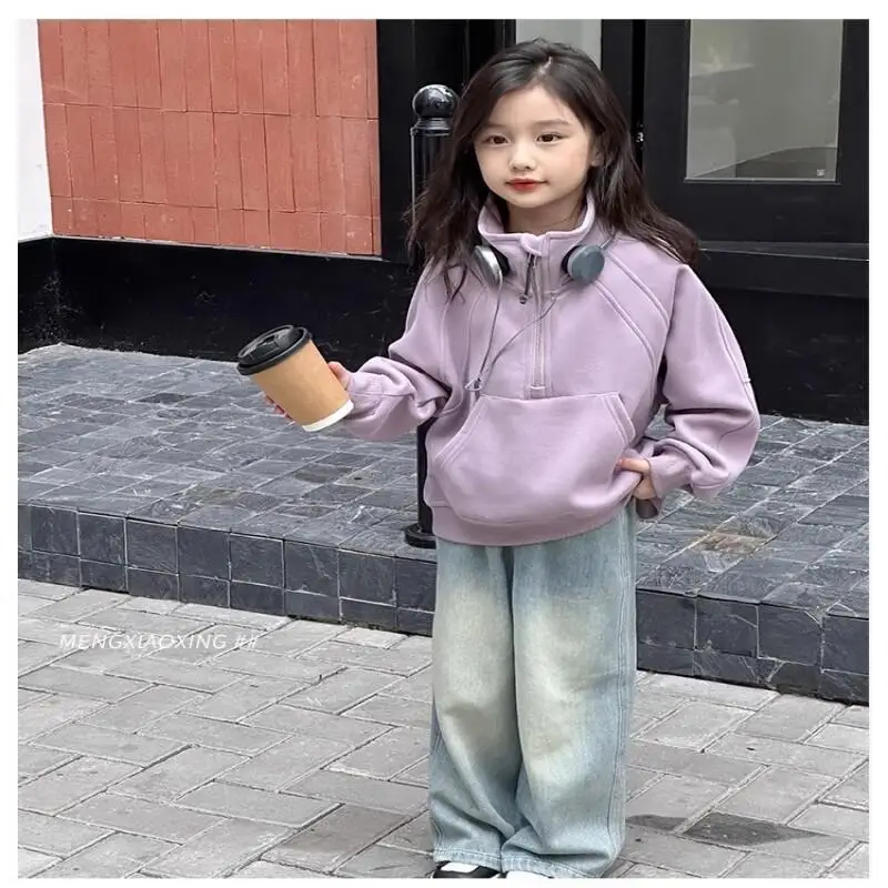 

Girls Spring Autumn Fashion Sweatshirt Long Sleeve T-Shirt High Neck Tops Solid Color Korean Version with Pocket Kids Clothes
