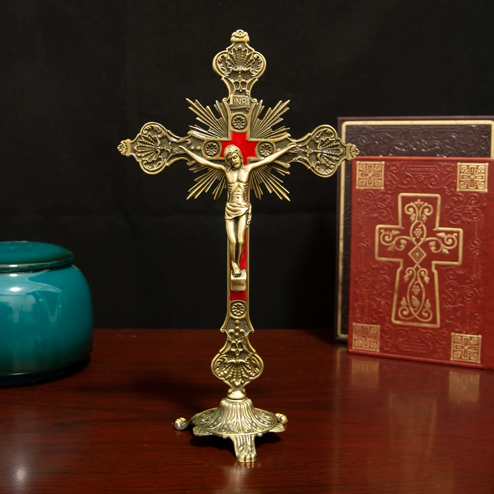 HTISOK Katholisches Jesus-Kreuz, stehendes katholisches Kreuz, katholisches Tischornament aus Zinklegierung, Geschenk für Freunde – Detail 10