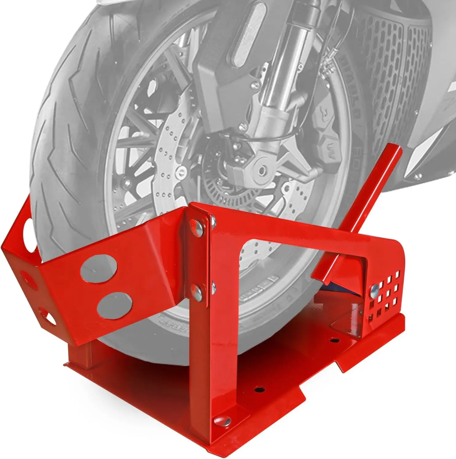 

Motorcycle Wheel Chock Stand for Most Bikes, Adjustable Front Tire Support Up to 1800 Lbs, Wide Range Under 6 Inch