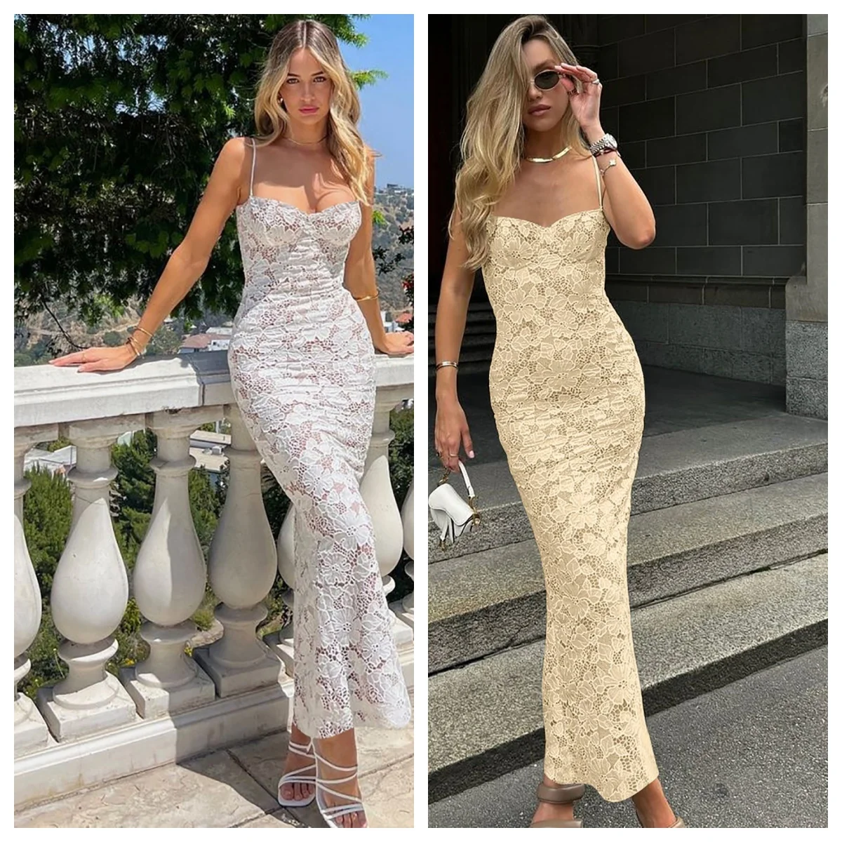 

Hot Girl2025 Summer Beach Style Sexy Lace Patchwork Strap Backless Long Slim Fit Suspender Spicy Girl Street Dress