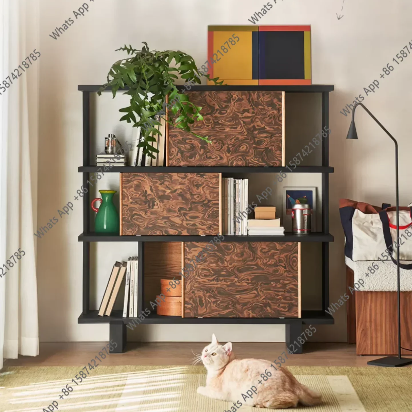 QP  Retro Half-wall Bookshelf Integrated Against The Wall, Antique Art Designer Floor-to-ceiling Bookcase In The Living Room Z