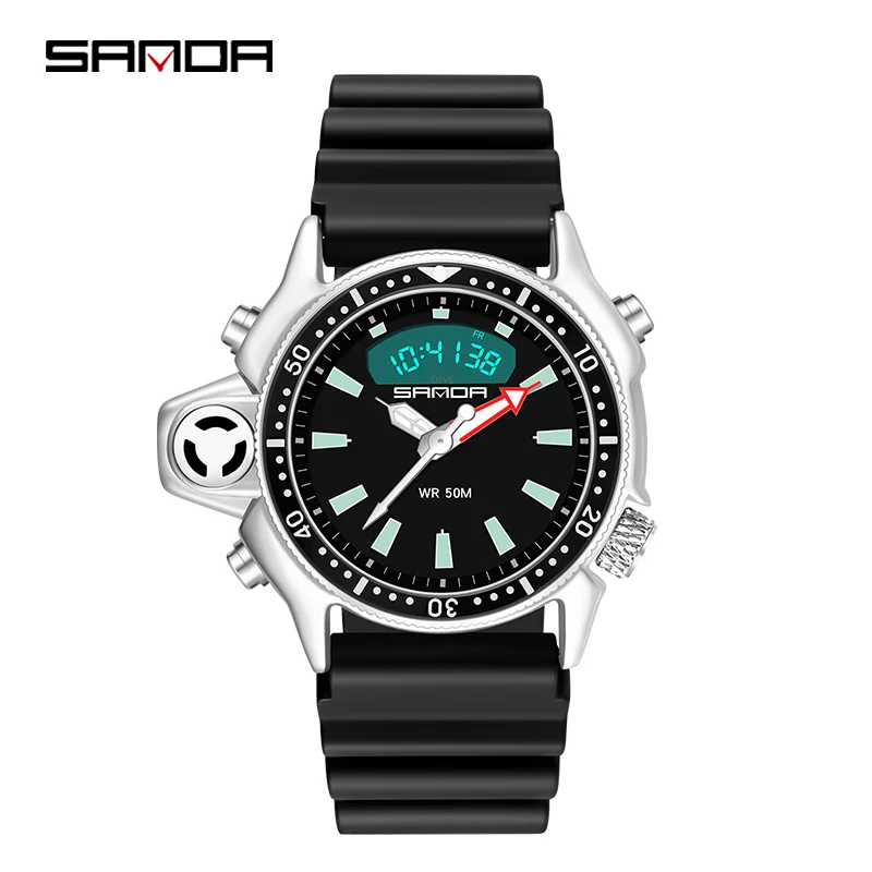 SANDA Men LED Digital Watches Fashion Sport Dual Display Quartz Wristwatch Outdoor Waterproof Military Wristwatches Mens 3008