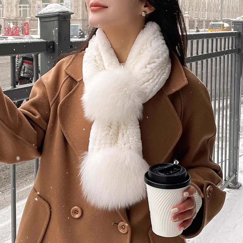 

Natural Rabbit Fur Scarf Ladies Winter Fashion Retro Luxury Party Women with Fox Fur Pompom Warm Real Fur Collar Ring