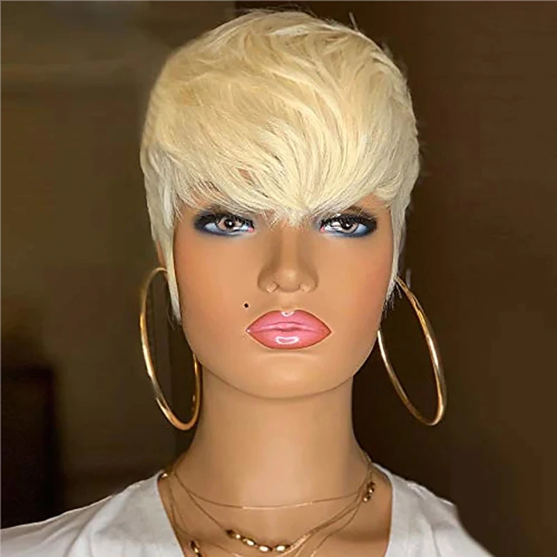 Honey Blonde Glod 613# Cheap Synthetic Short Hair Pixie Cut Straight With Bangs Style Machine Made No Glue Wigs For Women