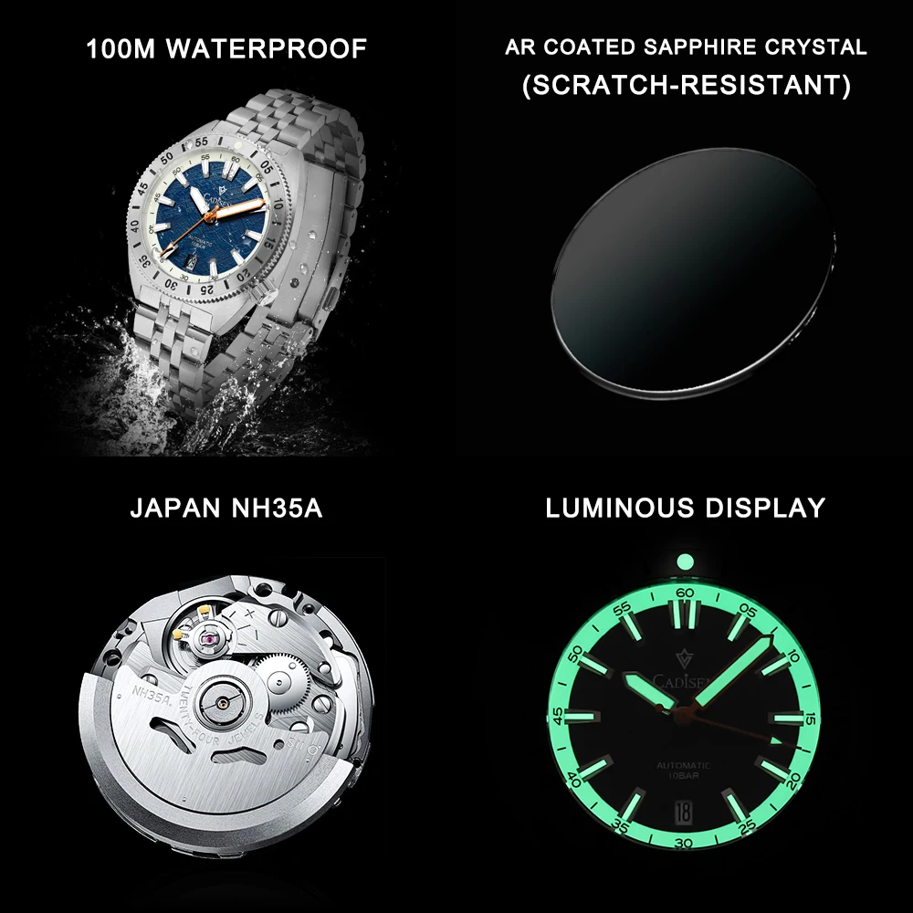 CADISEN Luxury Mens Automatic Watch Japan NH35A Movt Screw Crown Sapphire Crystal100M Waterproof Luminous Mechanical Wristwatch