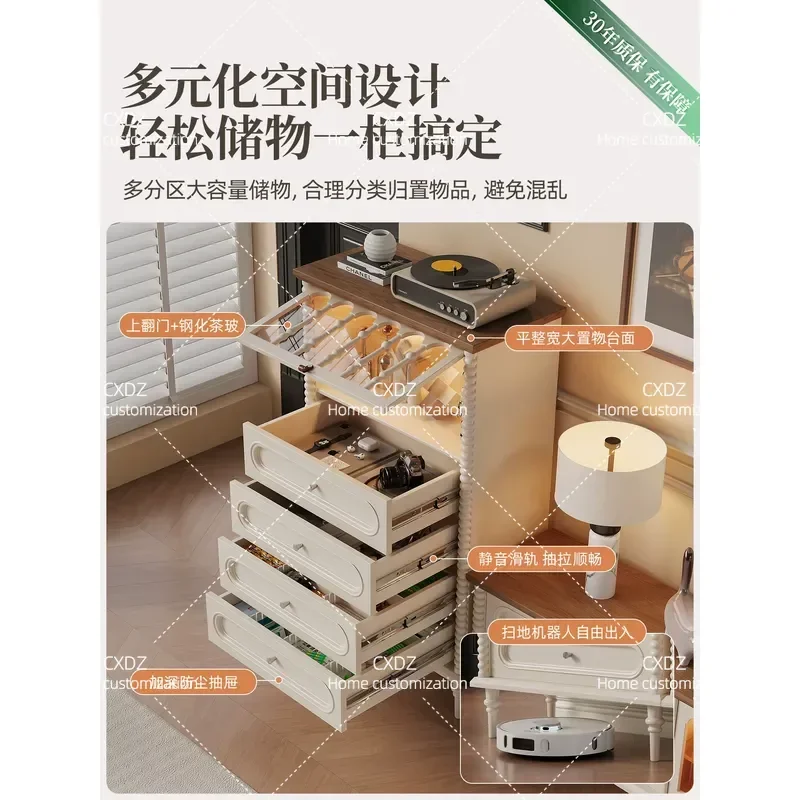 Medieval Cream Style Narrow Solid Wood Side Cabinet Living Room Bedroom Storage Chest Retro TV Stand End Table