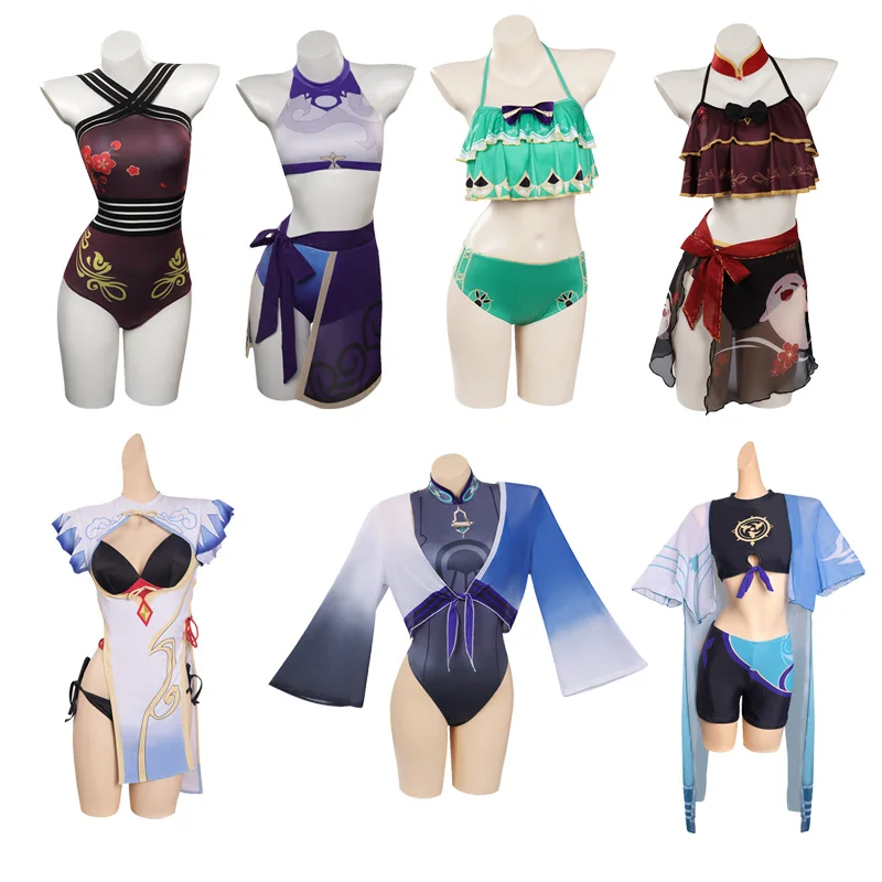 Genshin Impact Keqing Wanderer Cosplay Costume Swimsuits Bikini Top Shorts Girls Swimwear Halloween Carnival Party Disguise Suit