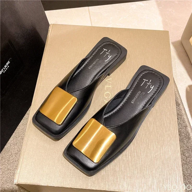Brand Designer Women Slippers Fashion Metal Buckle Mules Flat Heels Square Toe Shallow Shoes Outdoor Slide Female Casual Sandal image 2