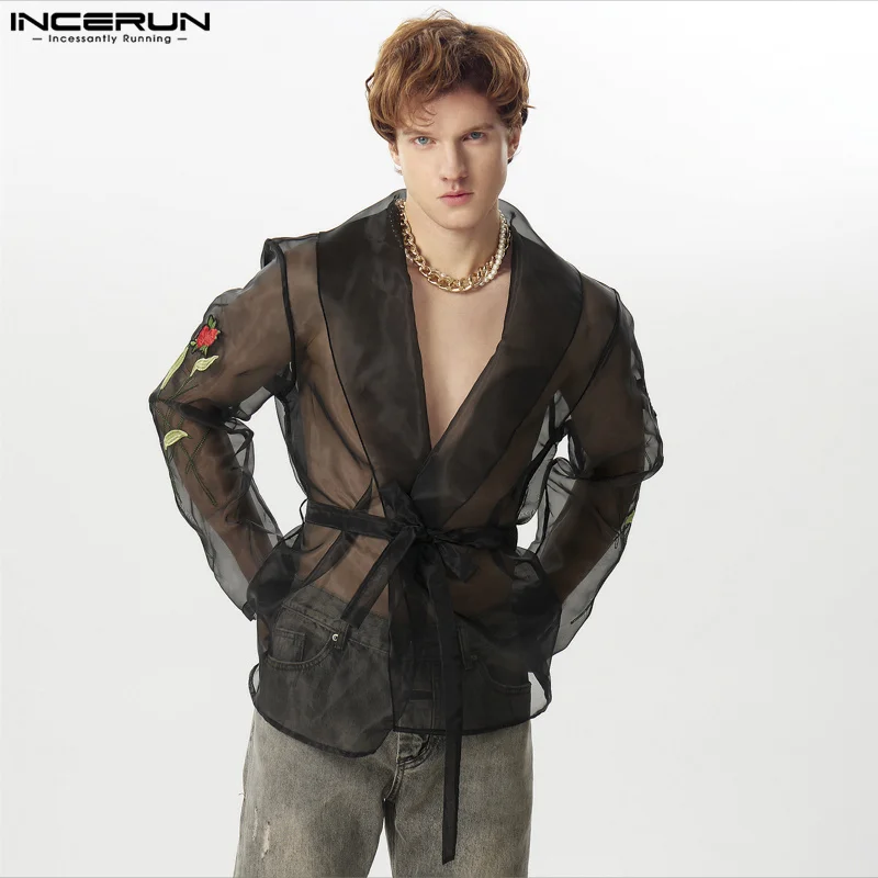 

Fashion See-through Tops INCERUN 2024 Men's Rose Sticker Sleeve Shirts Casual Sexy Male Thin Long Sleeved Cardigan Blouse S-5XL