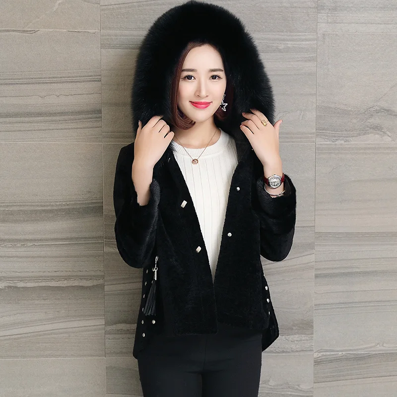 Wool Fur 100% Coat Real Fox Fur Collar Hooded Female Jacket Vintage Winter Clothes Women Short Sheep Shearing Coat Ropa