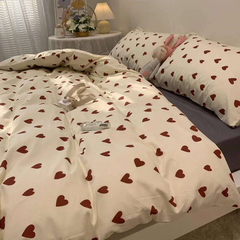 Ins Heart Duvet Cover Set No Filler Korean Style Bedding and Flat Sheet Pillowcase Single Double Full Size Soft Girls Bed Linens