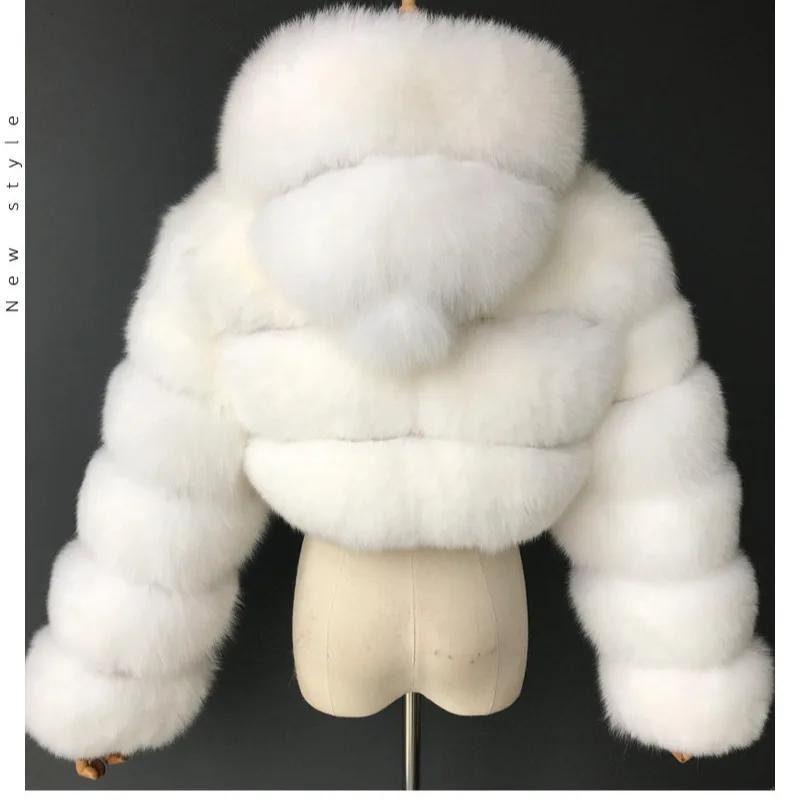 レディース用大型ジッパーフォックスファーコート、超ショートスプライシングフード付きエコフレンドリーファーコート