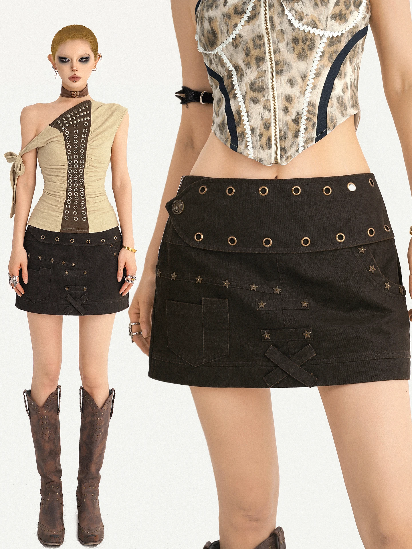 

NicoMolly Original Design Low Waist Western Style Denim Skirt Women's Skirt with Rivets Utility Style Half-length Skirt