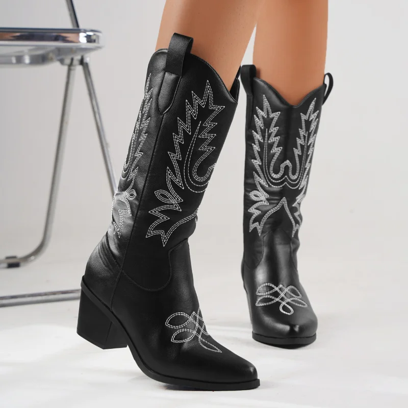 Botas de tacón de bloque de alta calidad, negras, de media caña, estilo vaquero, para mujer, vintage, para conciertos country, estilo western, talla grande 43.