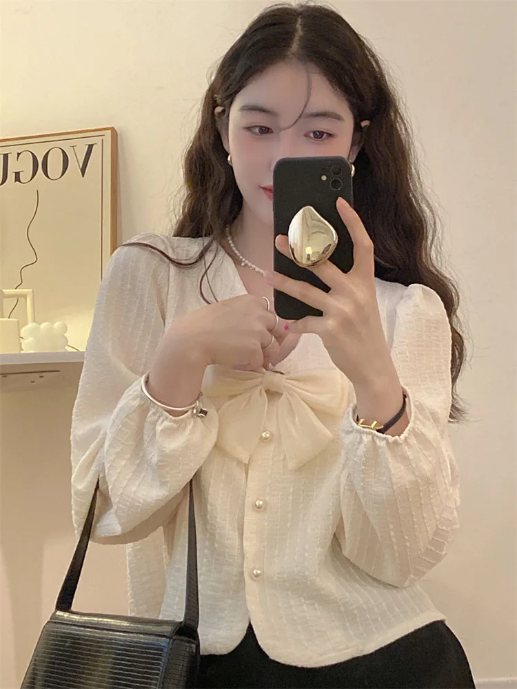 Zoki Sweet Bow Korean Blouse Women Fashion Puff Sleeve V Neck Shirt Casual Loose Preppy Style Female Elegant All Match Fall Tops